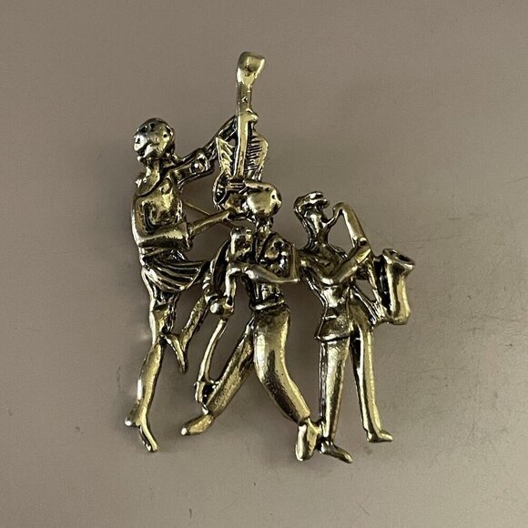 Vintage Jazz Band Motown Musicians Brooch Gold Tone Figural Pin Music Festival - Picture 2 of 5